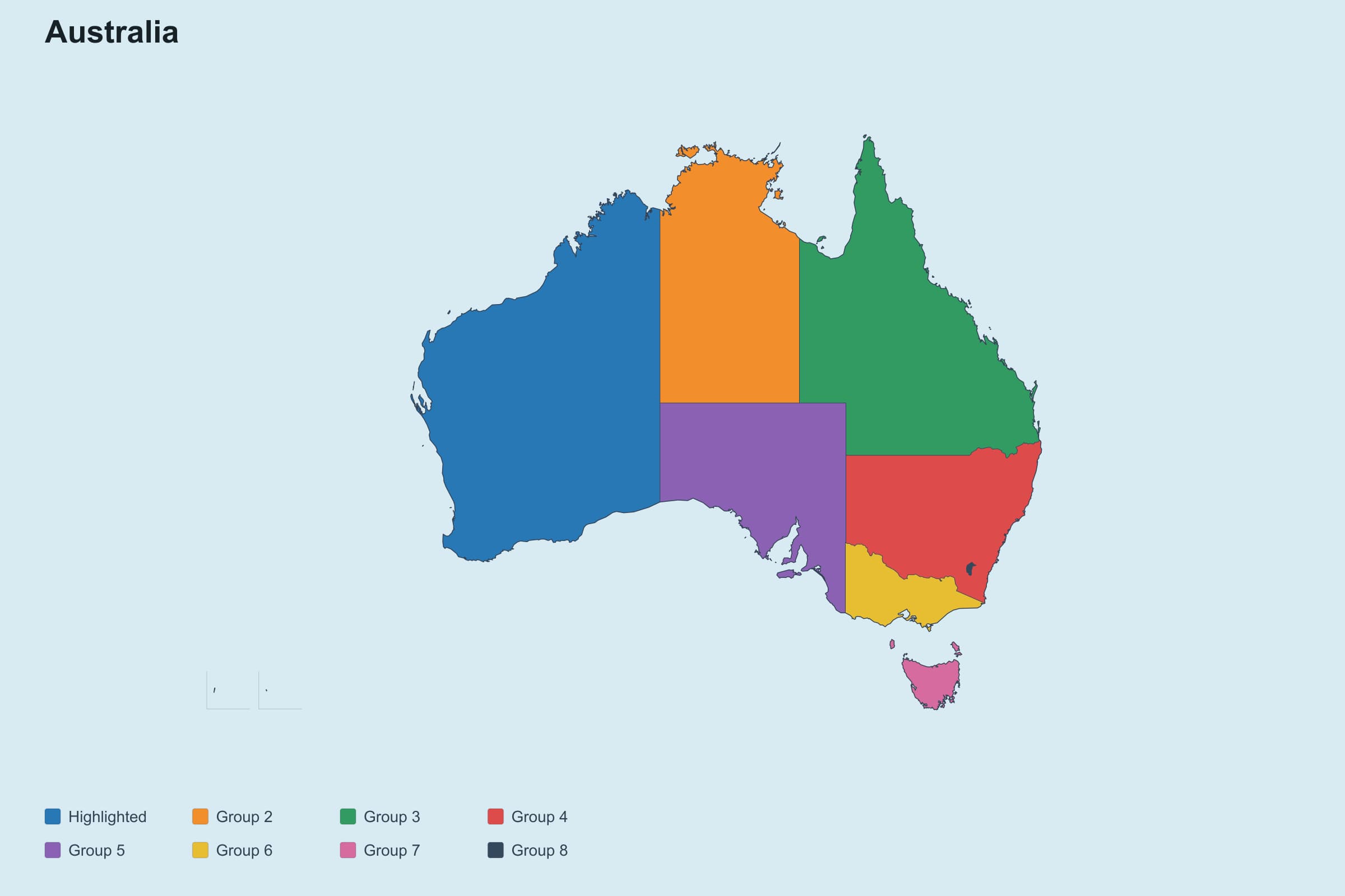 Australia highlight map with colored states and territories