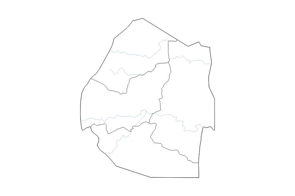 Carte de Eswatini de type contour, subdivisions et rivières pour Afrique, montrant contour, subdivisions et rivières avec des limites nettes.