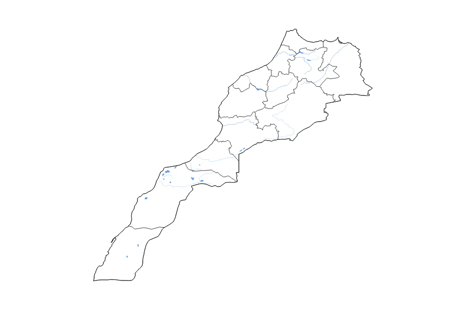 Mapa de Morocco de tipo contorno, subdivisiones, lagos y ríos para África, con contorno, subdivisiones, lagos y ríos con elementos de agua como Sebkha Tah, Barrage Al Massira, y Uad Ckeibbi El Guebli.