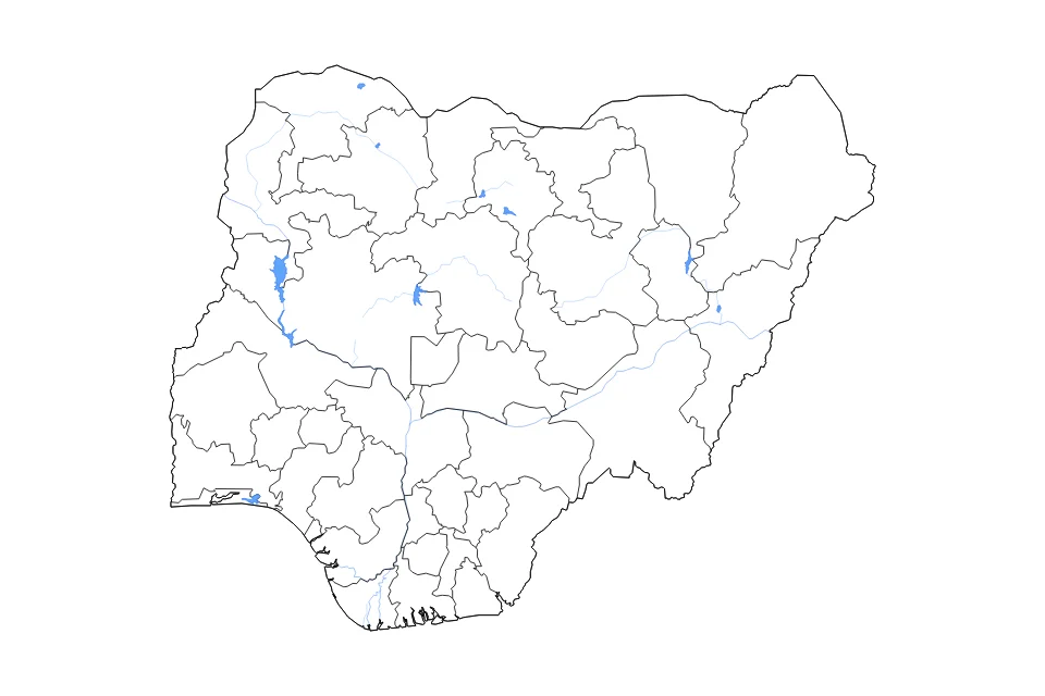 Mapa de Nigeria de tipo contorno, subdivisiones, lagos y ríos para África, con contorno, subdivisiones, lagos y ríos con elementos de agua como Kainji Reservoir, Jebba Reservoir, y Shiroro Lake.