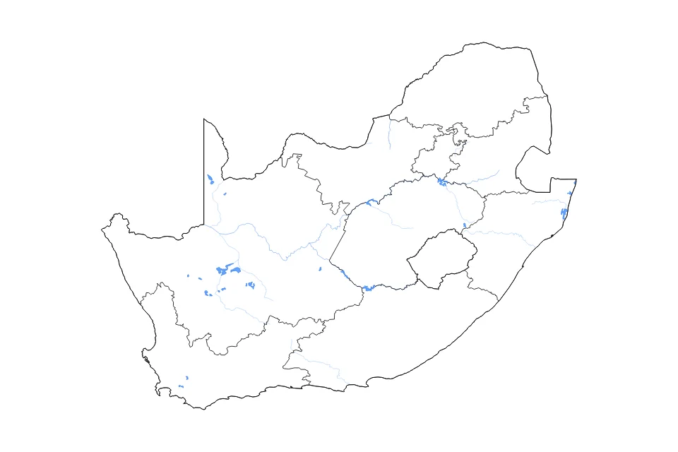 Outline map of South Africa with subdivision borders and major lakes and rivers.