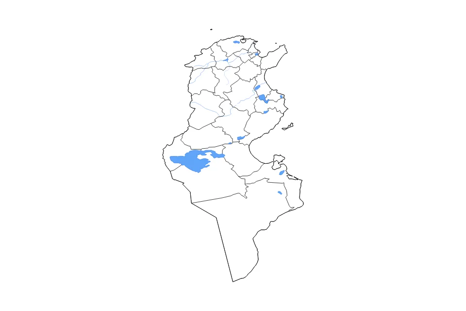Mapa de Tunisia de tipo contorno, subdivisiones, lagos y ríos para África, con contorno, subdivisiones, lagos y ríos con elementos de agua como Chott el Djérid, Sebkha de Sidi el Hani, y Sebkhet en Noual.