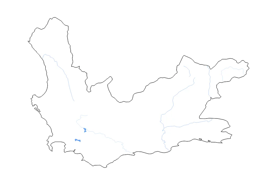 Carte de Western Cape de type contour, lacs et rivières pour Afrique, montrant contour, lacs et rivières avec des éléments hydrographiques comme Theewaterskloof Dam et Brandvlei Dam.