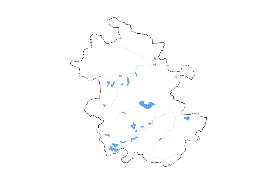 Mapa de Anhui de tipo contorno, lagos y ríos para Asia, con contorno, lagos y ríos con elementos de agua como Chao Hu, Daguan Hu, y Caizi Hu.