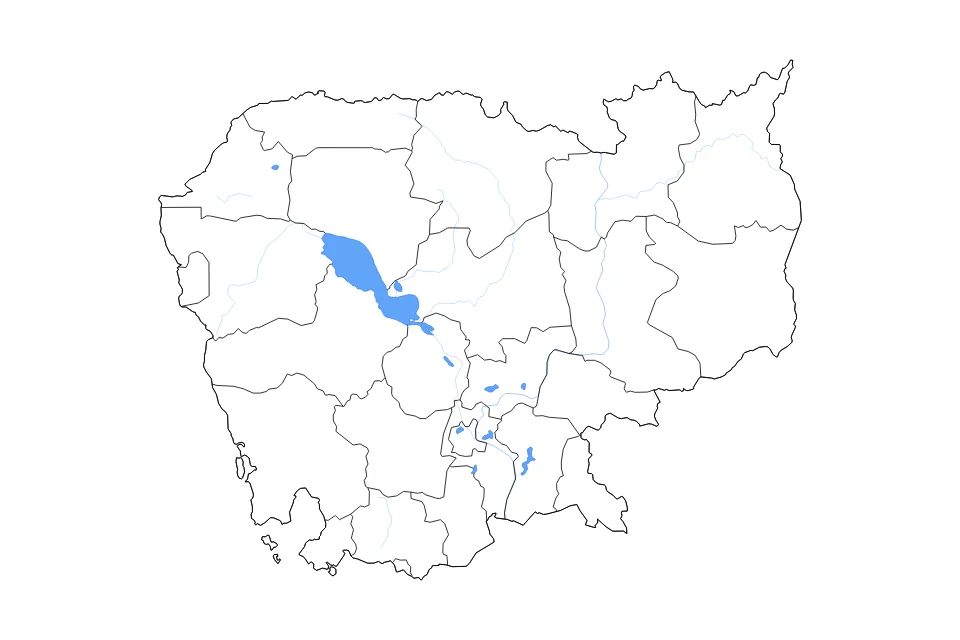 Mapa de Cambodia de tipo contorno, subdivisiones, lagos y ríos para Asia, con contorno, subdivisiones, lagos y ríos con elementos de agua como Tonle Sap, Boeng Pring and Boeng Khsach Sa, y Bœ̆ng Tông Phnhi.