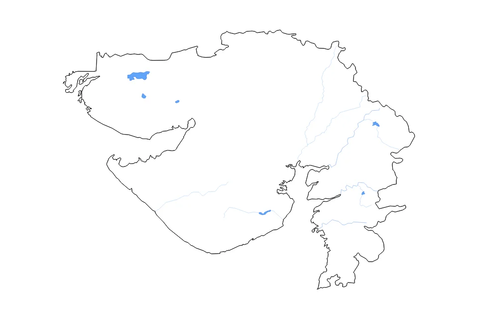 Mapa de Gujarat de tipo contorno, lagos y ríos para Asia, con contorno, lagos y ríos con elementos de agua como Shetrunji Reservoir y Karjān Reservoir.