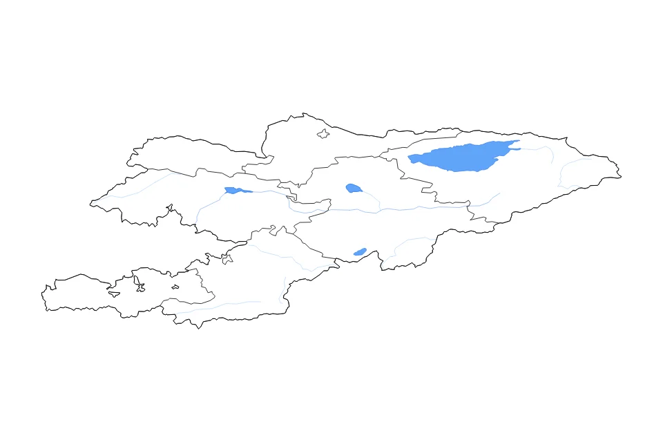 Mapa de Kyrgyzstan de tipo contorno, subdivisiones, lagos y ríos para Asia, con contorno, subdivisiones, lagos y ríos con elementos de agua como Ozero Issyk-Kul’, Song-Köl, y Song-Köl.