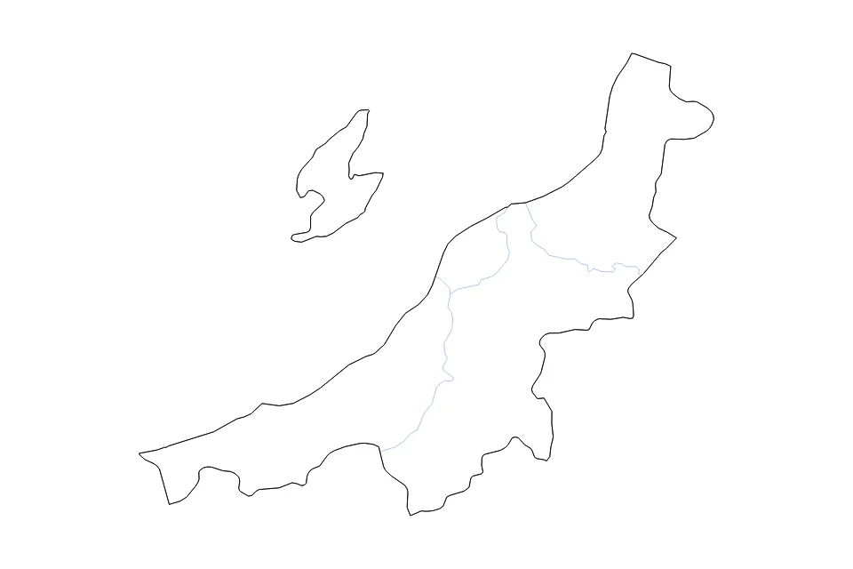 Outline map of Niigata with subdivision borders and rivers.