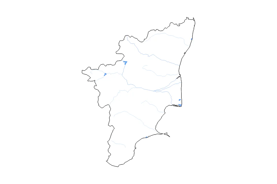 Mapa de Puducherry de tipo contorno, lagos y ríos para Asia, con contorno, lagos y ríos con elementos de agua como Stanley Reservoir, Bhavānīsāgar Reservoir, y Pambāri Taruvai.