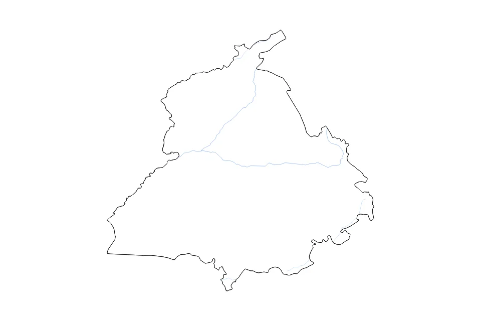 Carte de Punjab India de type contour et rivières pour Asie, montrant contour et rivières avec des limites nettes.