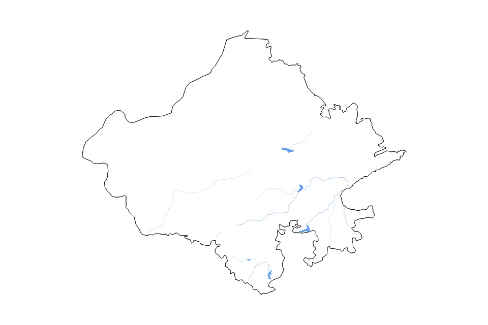 Mapa de Rajasthan de tipo contorno, lagos y ríos para Asia, con contorno, lagos y ríos con elementos de agua como Rāna Pratāp Sāgar, Sāmbhar Salt Lake, y Bisalpur Lake.