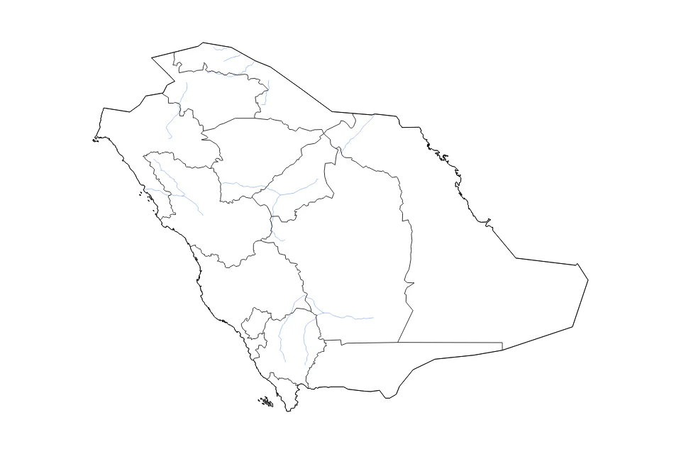 Mapa de Saudi Arabia de tipo contorno, subdivisiones y ríos para Asia, con contorno, subdivisiones y ríos con límites limpios.