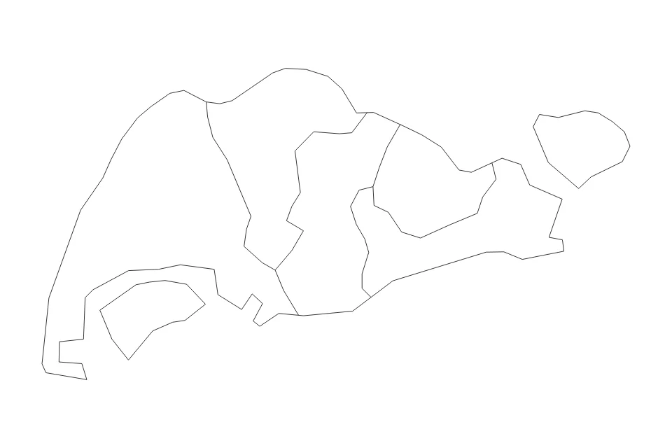 Mapa de Singapore de tipo contorno y subdivisiones para Asia, con contorno y subdivisiones con límites limpios.