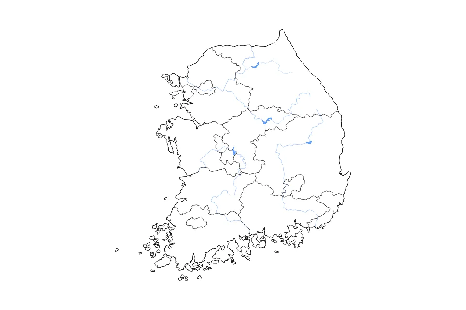 Mapa de South Korea de tipo contorno, subdivisiones, lagos y ríos para Asia, con contorno, subdivisiones, lagos y ríos con elementos de agua como Chungjuho, Daecheongho, y Soyangho.