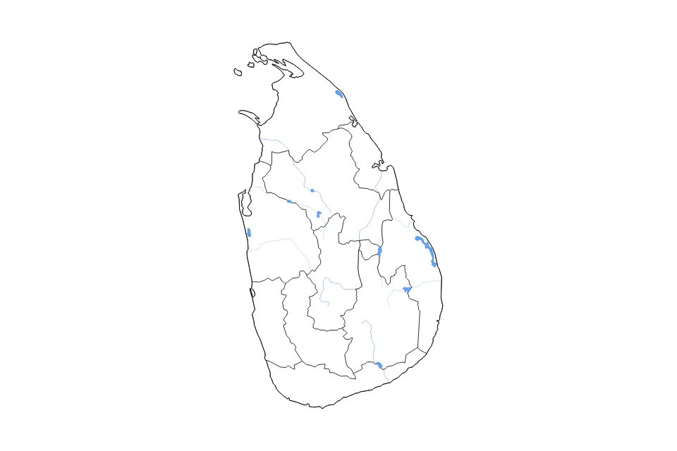 Carte de Sri Lanka de type contour, subdivisions, lacs et rivières pour Asie, montrant contour, subdivisions, lacs et rivières avec des éléments hydrographiques comme Batticaloa Lake, Madura Oya Reservoir, et Nanthi Kadal.