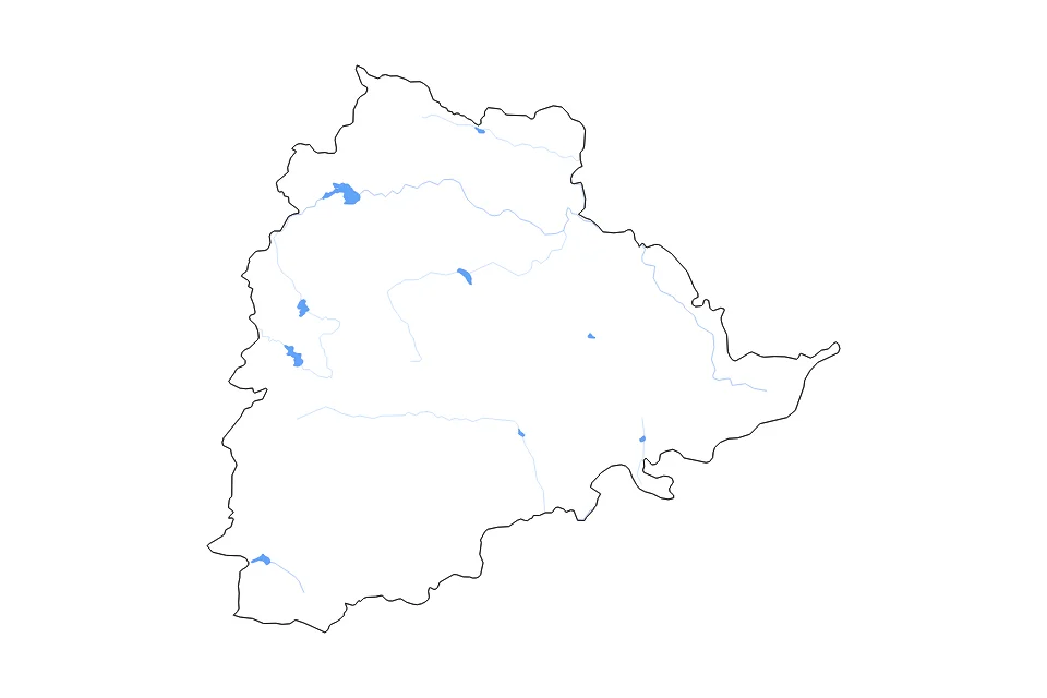 Carte de Telangana de type contour, lacs et rivières pour Asie, montrant contour, lacs et rivières avec des éléments hydrographiques comme Sriram Sagar, Buglāpalli Tank, et Nizām Sāgar.