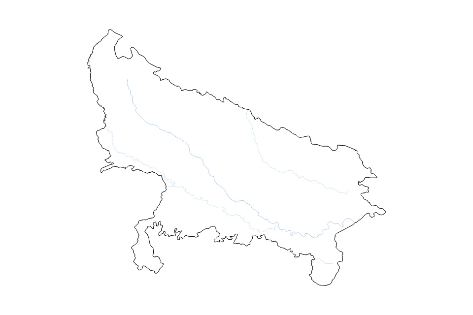 Mapa de Uttar Pradesh de tipo contorno y ríos para Asia, con contorno y ríos con límites limpios.
