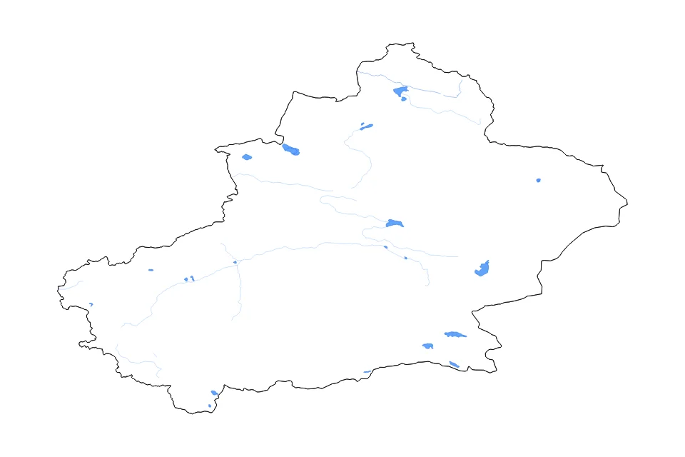 Mapa de Xinjiang de tipo contorno, lagos y ríos para Asia, con contorno, lagos y ríos con elementos de agua como Lop Nor, Ayakkum Hu, y Bosten Hu.