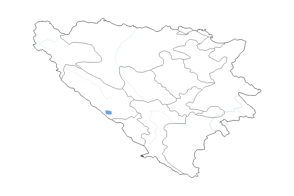 Carte de Bosnia And Herzegovina de type contour, subdivisions, lacs et rivières pour Europe, montrant contour, subdivisions, lacs et rivières avec des éléments hydrographiques comme Buško Jezero.