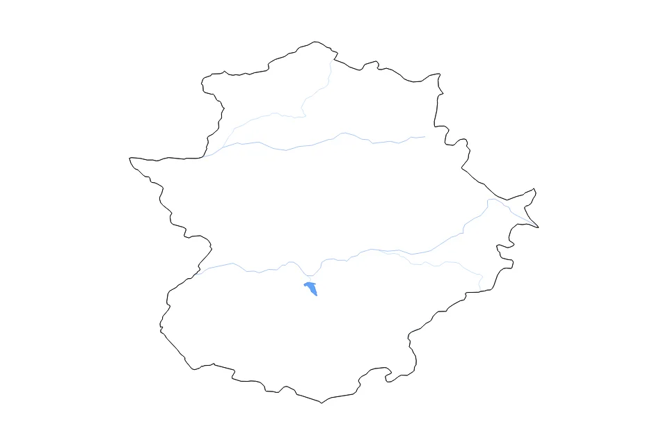 Mapa de Extremadura de tipo contorno, lagos y ríos para Europa, con contorno, lagos y ríos con elementos de agua como Embalse de Alange.