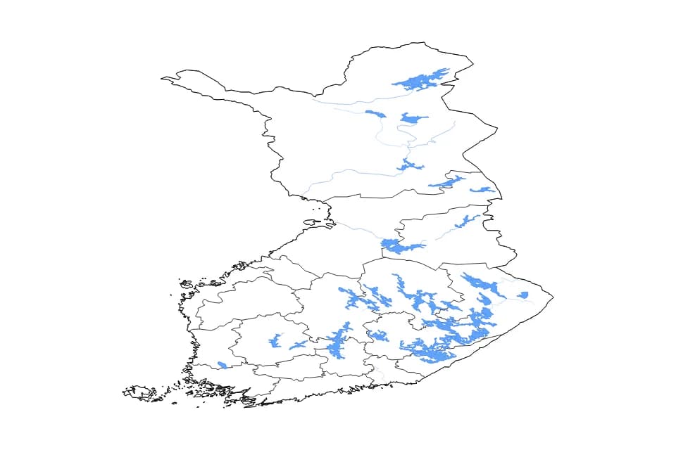 Mapa de Finland de tipo contorno, subdivisiones, lagos y ríos para Europa, con contorno, subdivisiones, lagos y ríos con elementos de agua como Saimaa, Inarijärvi, y Päijänne.