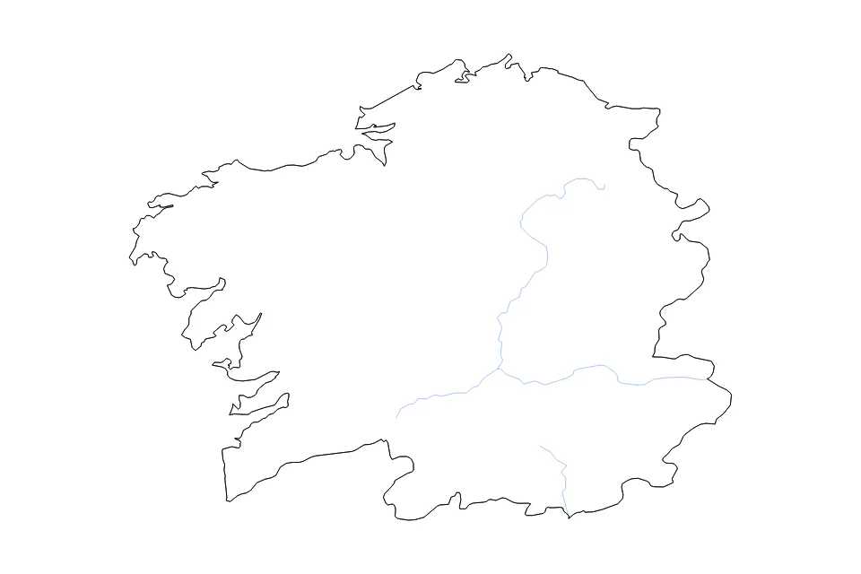 Mapa de Galicia de tipo contorno y ríos para Europa, con contorno y ríos con límites limpios.