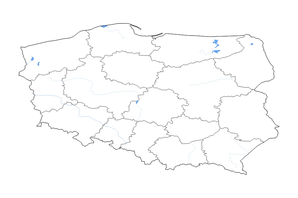 Mapa de Poland de tipo contorno, subdivisiones, lagos y ríos para Europa, con contorno, subdivisiones, lagos y ríos con elementos de agua como Jezioro Śniardwy, Jezioro Dargejmy, y Jezioro Łebsko.