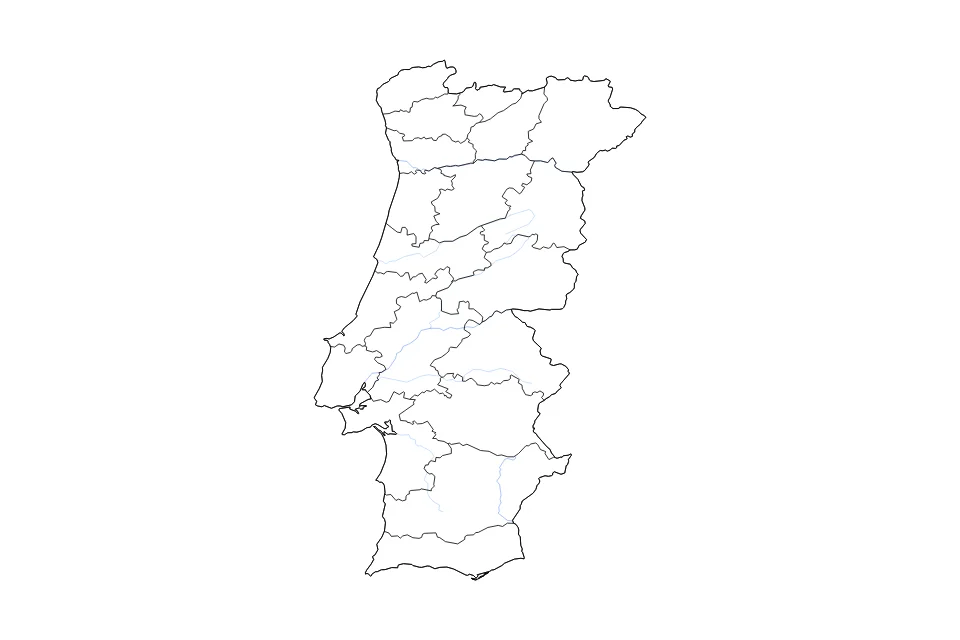 Mapa de Portugal de tipo contorno, subdivisiones y ríos para Europa, con contorno, subdivisiones y ríos con límites limpios.