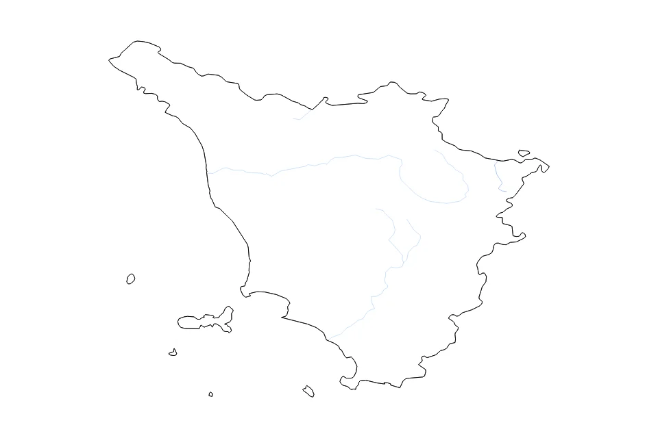 Mapa de Tuscany de tipo contorno y ríos para Europa, con contorno y ríos con límites limpios.