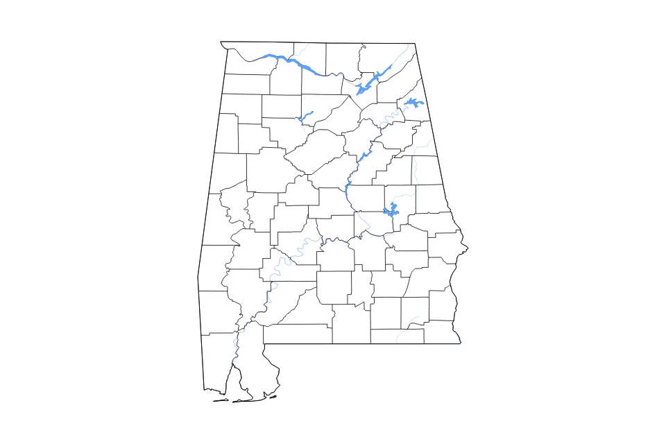 Carte de Alabama de type contour, subdivisions, lacs et rivières pour Amérique du Nord, montrant contour, subdivisions, lacs et rivières avec des éléments hydrographiques comme Wilson Lake, Wheeler Lake, Guntersville Lake, et Martin Lake.