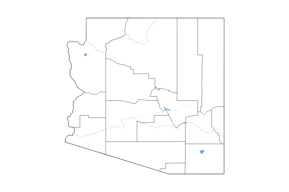 Outline map of Arizona with subdivision borders and major lakes and rivers.