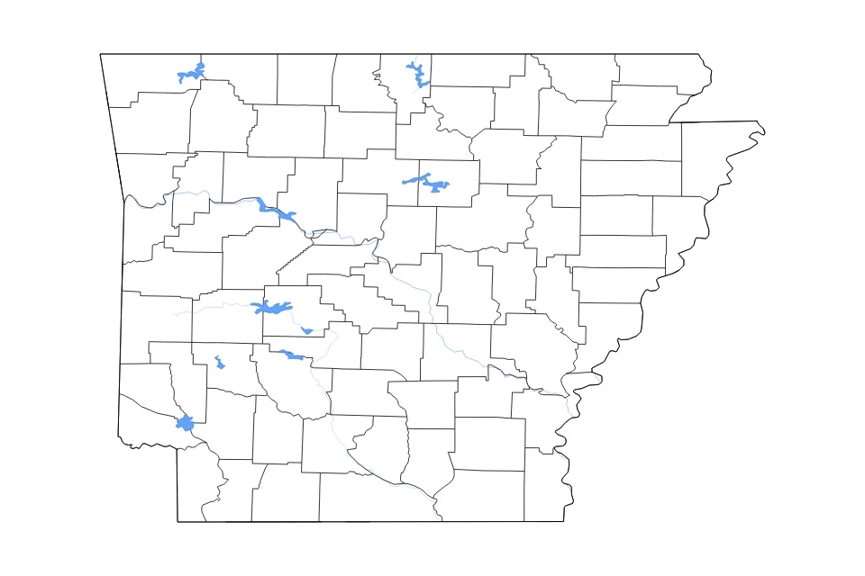 Mapa de Arkansas de tipo contorno, subdivisiones, lagos y ríos para América del Norte, con contorno, subdivisiones, lagos y ríos con elementos de agua como Lake Ouachita, Greers Ferry Lake, y Lake Dardanelle.