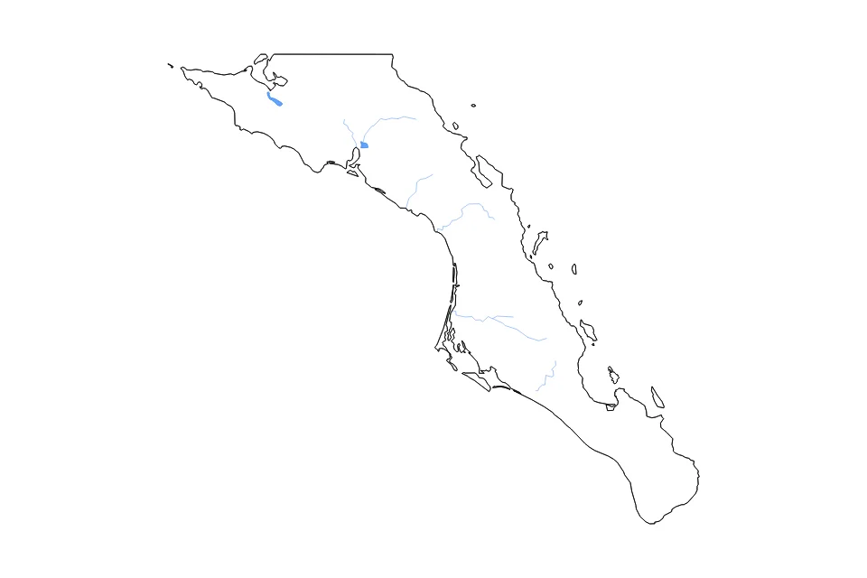 Mapa de Baja California Sur de tipo contorno, lagos y ríos para América del Norte, con contorno, lagos y ríos con límites limpios.