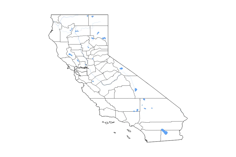 Carte de California de type contour, subdivisions, lacs et rivières pour Amérique du Nord, montrant contour, subdivisions, lacs et rivières avec des éléments hydrographiques comme Salton Sea, Owens Lake, et Honey Lake.