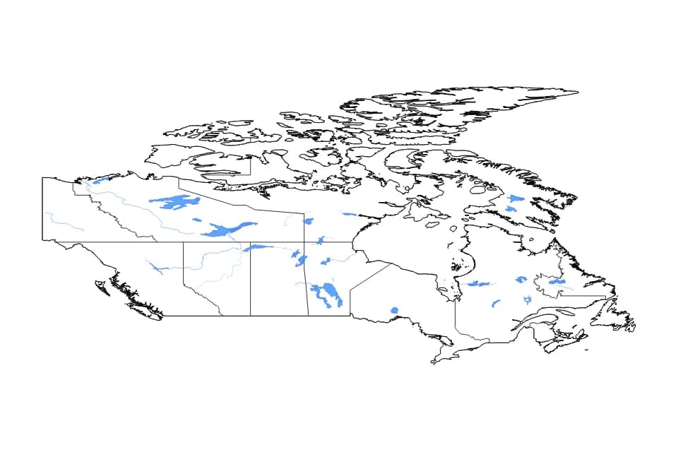 Mapa de Canada de tipo contorno, subdivisiones, lagos y ríos para América del Norte, con contorno, subdivisiones, lagos y ríos con elementos de agua como Great Bear Lake, Great Slave Lake, y Lake Winnipeg.