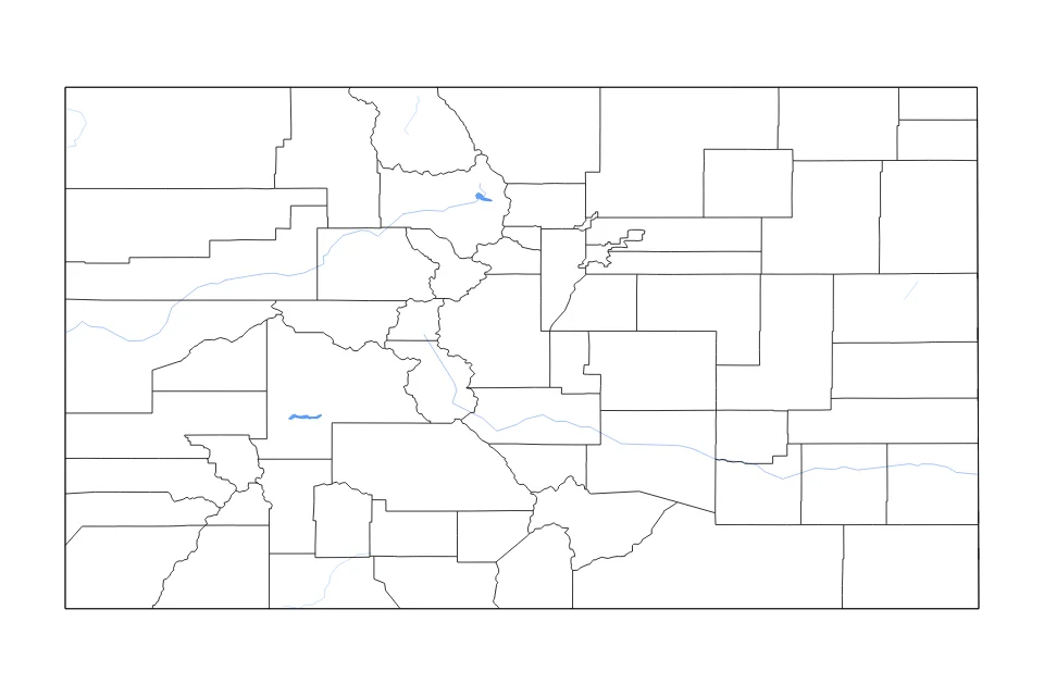 Mapa de Colorado de tipo contorno, subdivisiones, lagos y ríos para América del Norte, con contorno, subdivisiones, lagos y ríos con elementos de agua como Blue Mesa Reservoir y Lake Granby.