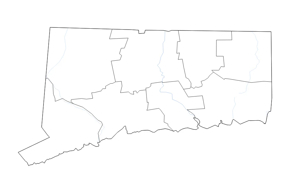 Carte de Connecticut de type contour, subdivisions et rivières pour Amérique du Nord, montrant contour, subdivisions et rivières avec des limites nettes.