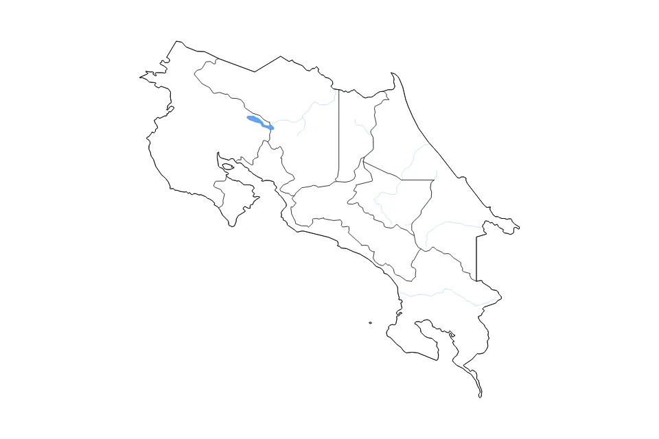 Carte de Costa Rica de type contour, subdivisions, lacs et rivières pour Amérique du Nord, montrant contour, subdivisions, lacs et rivières avec des éléments hydrographiques comme Lago Arenal.