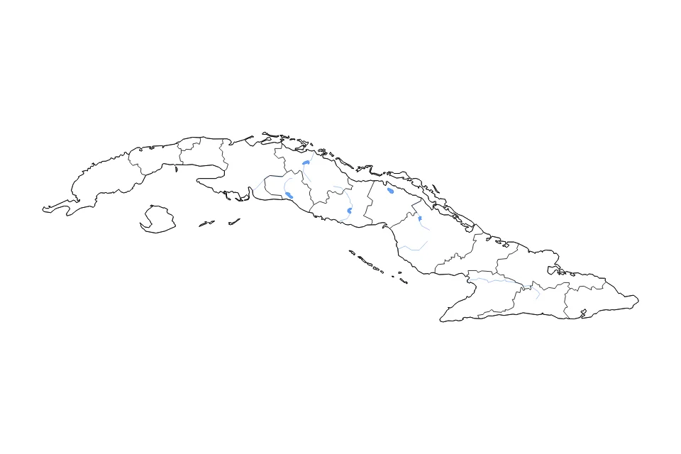 Carte de Cuba de type contour, subdivisions, lacs et rivières pour Amérique du Nord, montrant contour, subdivisions, lacs et rivières avec des éléments hydrographiques comme Bahía de Cienfuegos, Laguna de la Leche, et Embalse Alacranes.