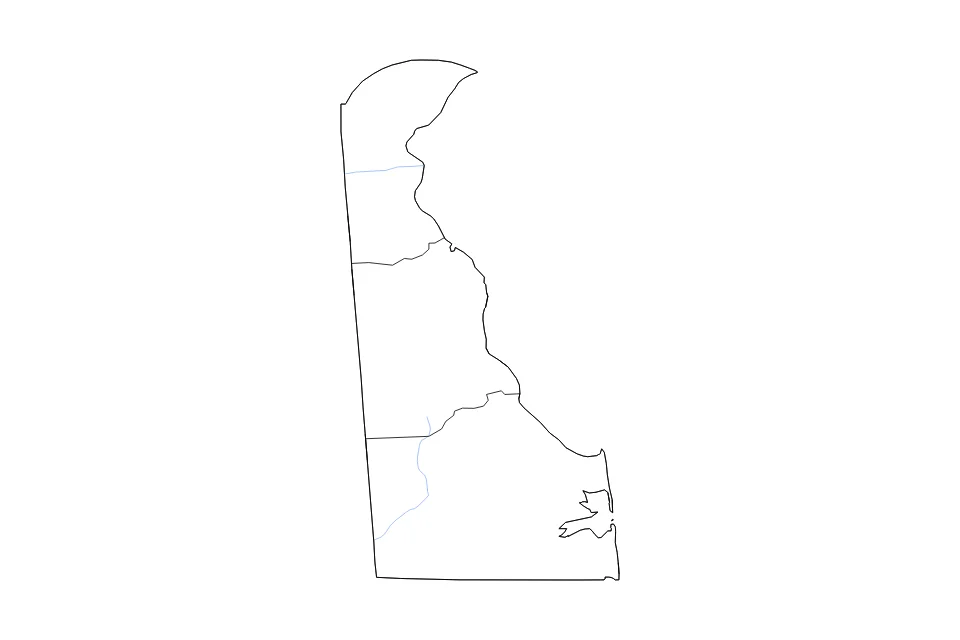 Mapa de Delaware de tipo contorno, subdivisiones y ríos para América del Norte, con contorno, subdivisiones y ríos con límites limpios.