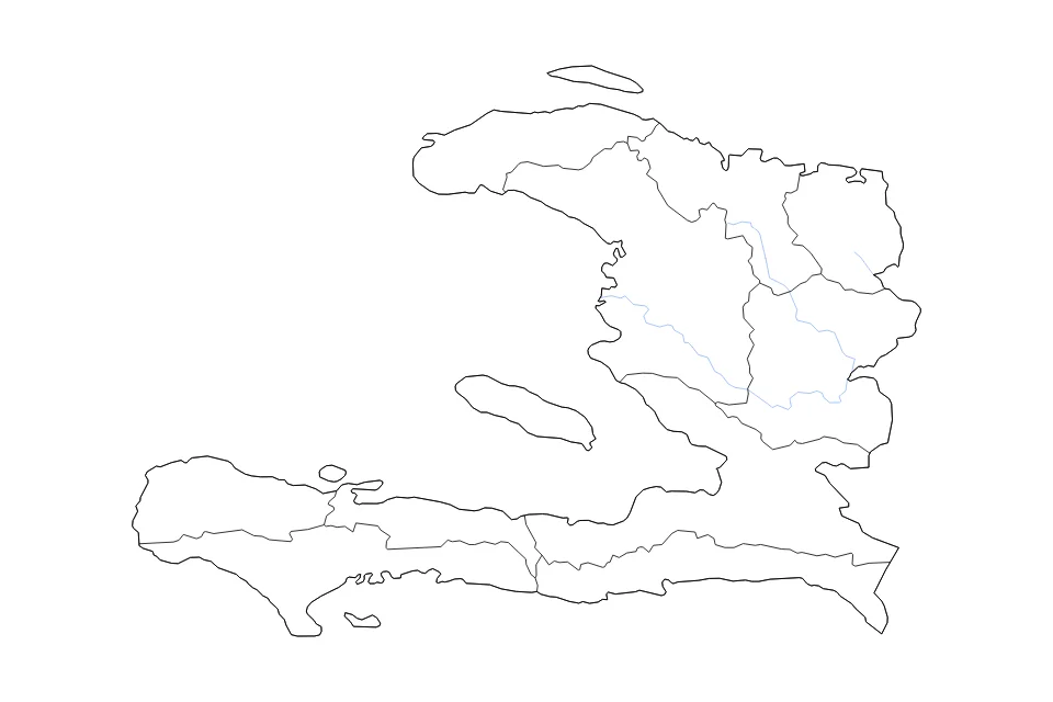 Mapa de Haiti de tipo contorno, subdivisiones y ríos para América del Norte, con contorno, subdivisiones y ríos con límites limpios.
