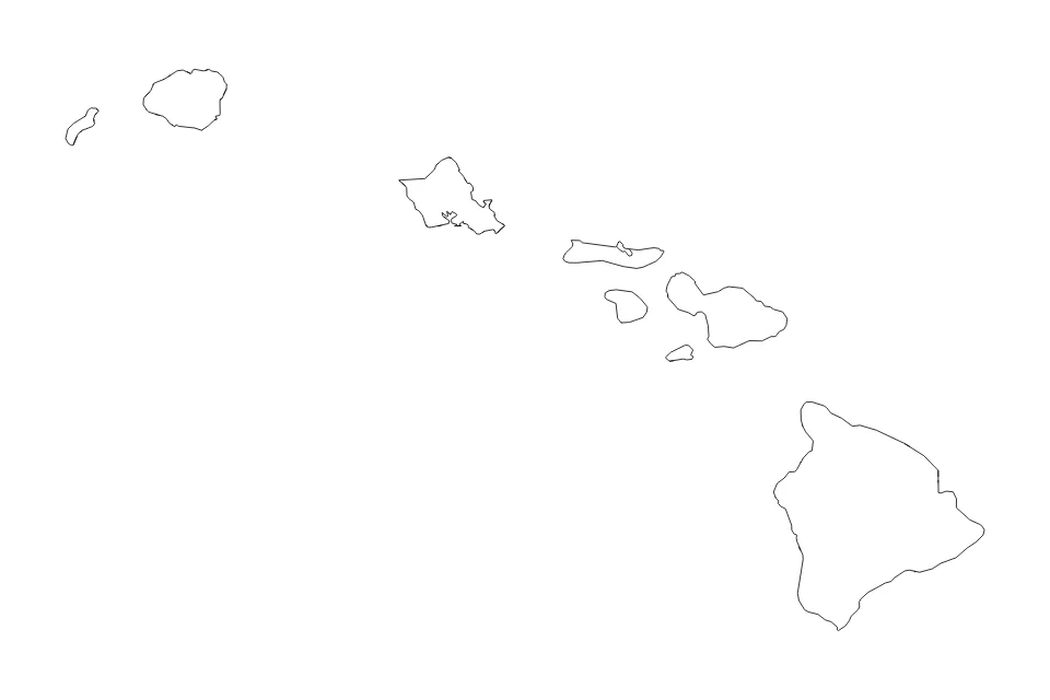 Mapa de Hawaii de tipo contorno y subdivisiones para América del Norte, con contorno y subdivisiones con límites limpios.