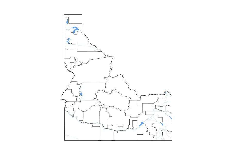 Carte de Idaho de type contour, subdivisions, lacs et rivières pour Amérique du Nord, montrant contour, subdivisions, lacs et rivières avec des éléments hydrographiques comme Lake Pend Oreille, American Falls Reservoir, et Coeur d'Alene Lake.