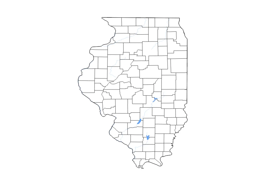 Outline map of Illinois with subdivision borders and major lakes and rivers.
