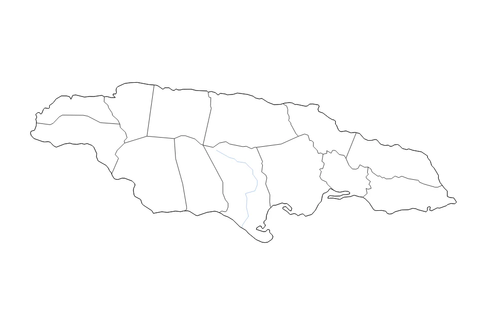 Mapa de Jamaica de tipo contorno, subdivisiones y ríos para América del Norte, con contorno, subdivisiones y ríos con límites limpios.