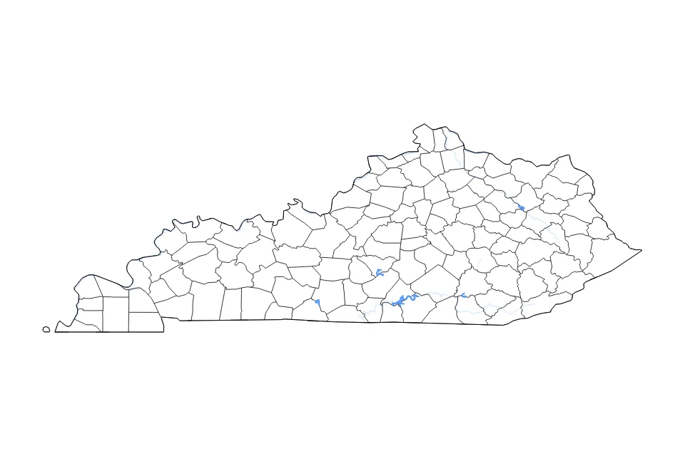 Mapa de Kentucky de tipo contorno, subdivisiones, lagos y ríos para América del Norte, con contorno, subdivisiones, lagos y ríos con elementos de agua como Lake Cumberland, Green River Lake, y Cave Run Lake.