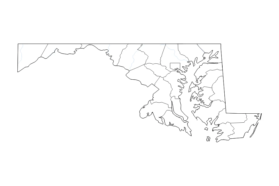 Mapa de Maryland de tipo contorno, subdivisiones y ríos para América del Norte, con contorno, subdivisiones y ríos con límites limpios.