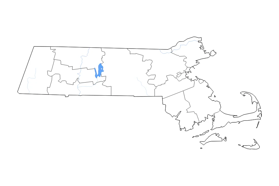 Carte de Massachusetts de type contour, subdivisions, lacs et rivières pour Amérique du Nord, montrant contour, subdivisions, lacs et rivières avec des éléments hydrographiques comme Quabbin Reservoir.