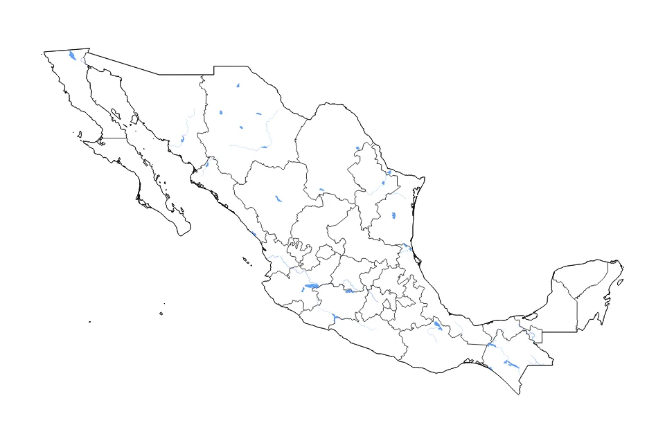 Mapa de Mexico de tipo contorno, subdivisiones, lagos y ríos para América del Norte, con contorno, subdivisiones, lagos y ríos con elementos de agua como Lago de Chapala, Laguna Salada, y Presa Miguel Alemán.