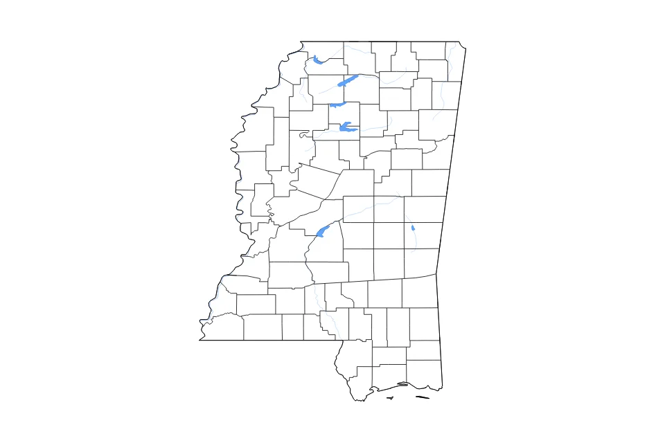 Carte de Mississippi de type contour, subdivisions, lacs et rivières pour Amérique du Nord, montrant contour, subdivisions, lacs et rivières avec des éléments hydrographiques comme Grenada Lake, Sardis Lake, et Ross R Barnett Reservoir.